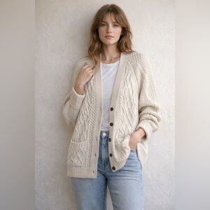 Re/Done ivory/cream 100% wool V-neck cardigan, front pockets, braided pattern L